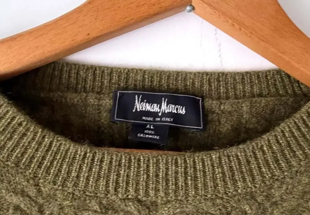 Neiman Marcus Cable Knit Sweater Size XL Green 100% Cashmere Made in Italy